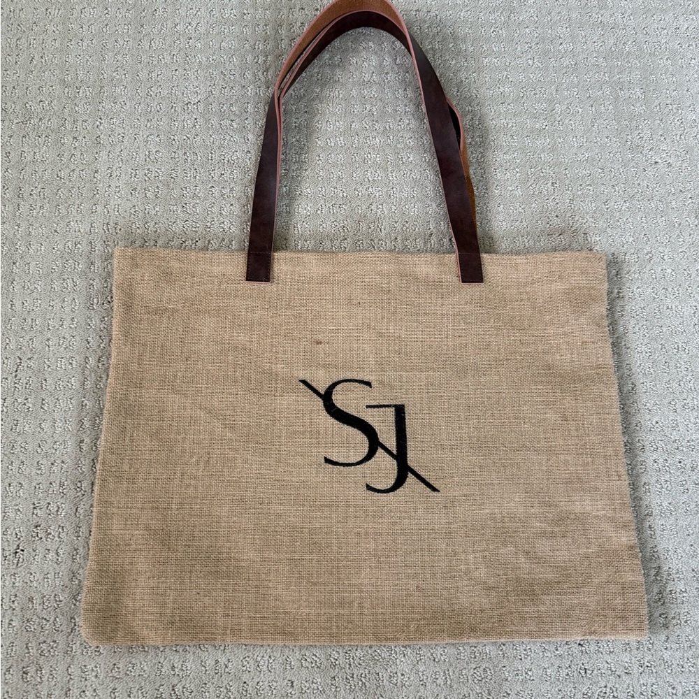 Saint Jane tan straw summer tote beach / pool bag with brown leather handles
